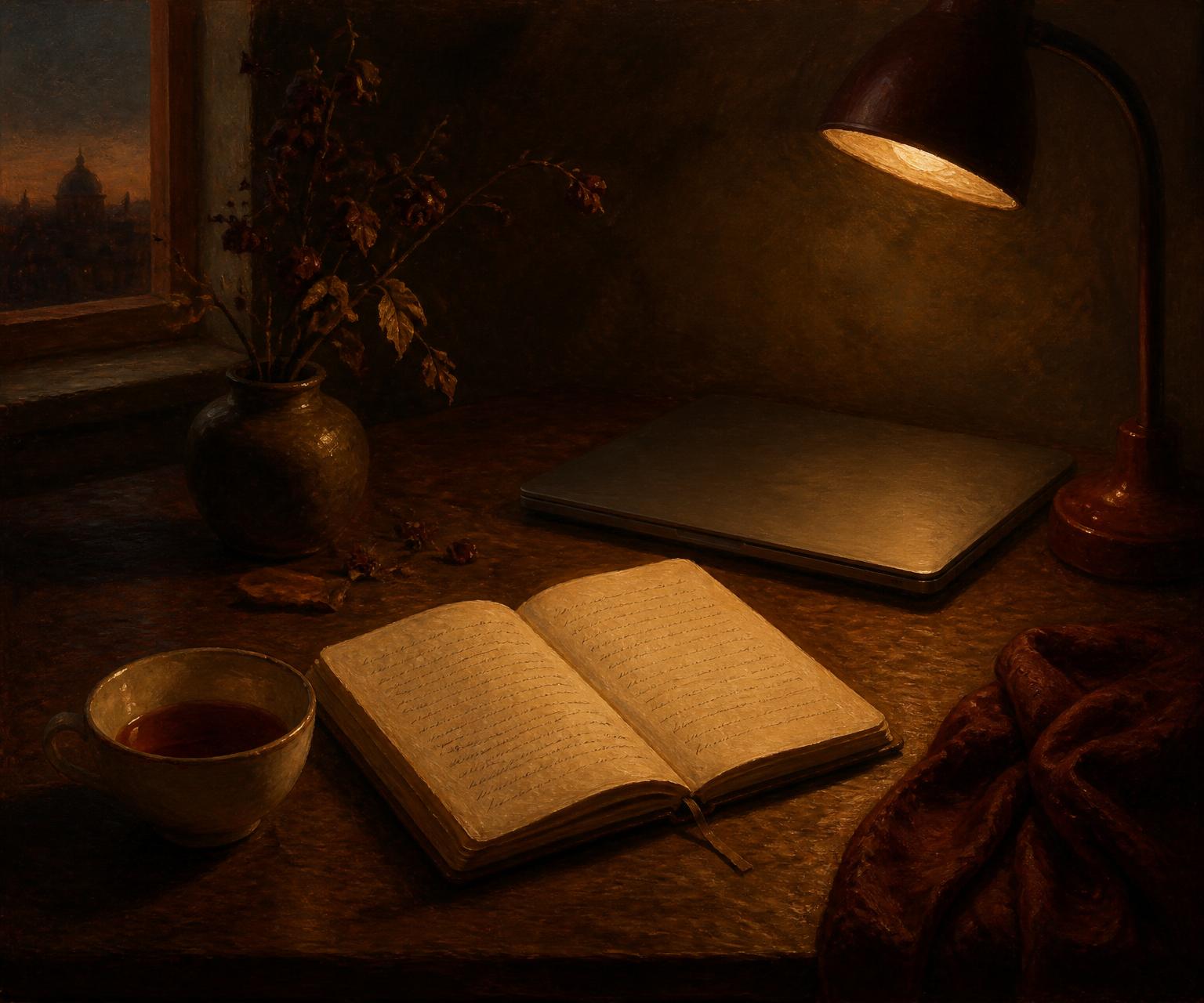 A closed laptop, an open notebook and a cup of tea on a writing desk at dusk.